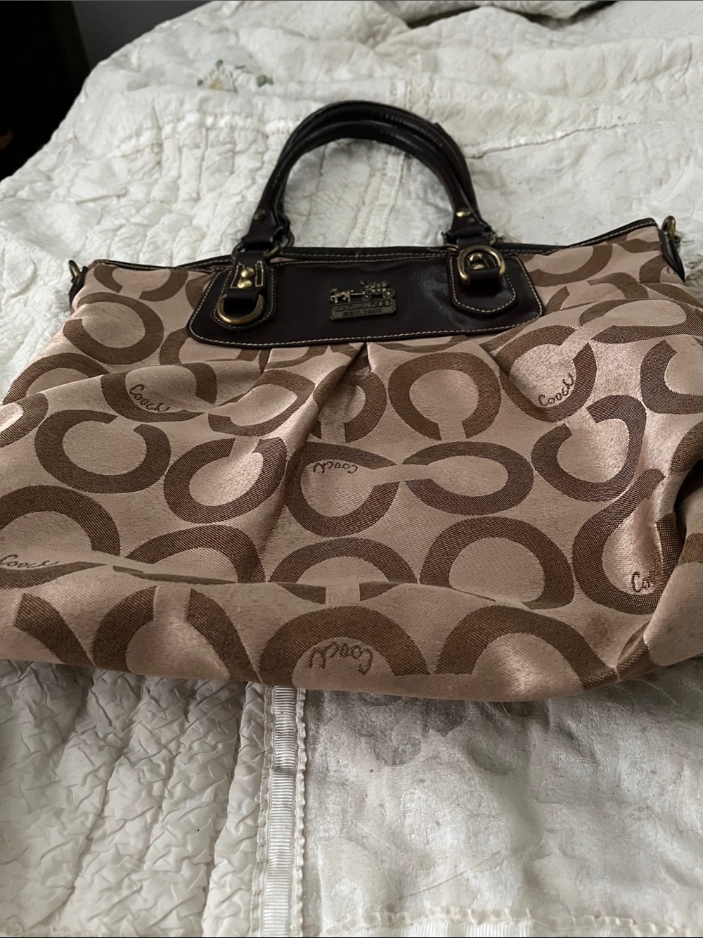 Coach Brown and Tan Signature Tote with Dark Brown Leather Trim